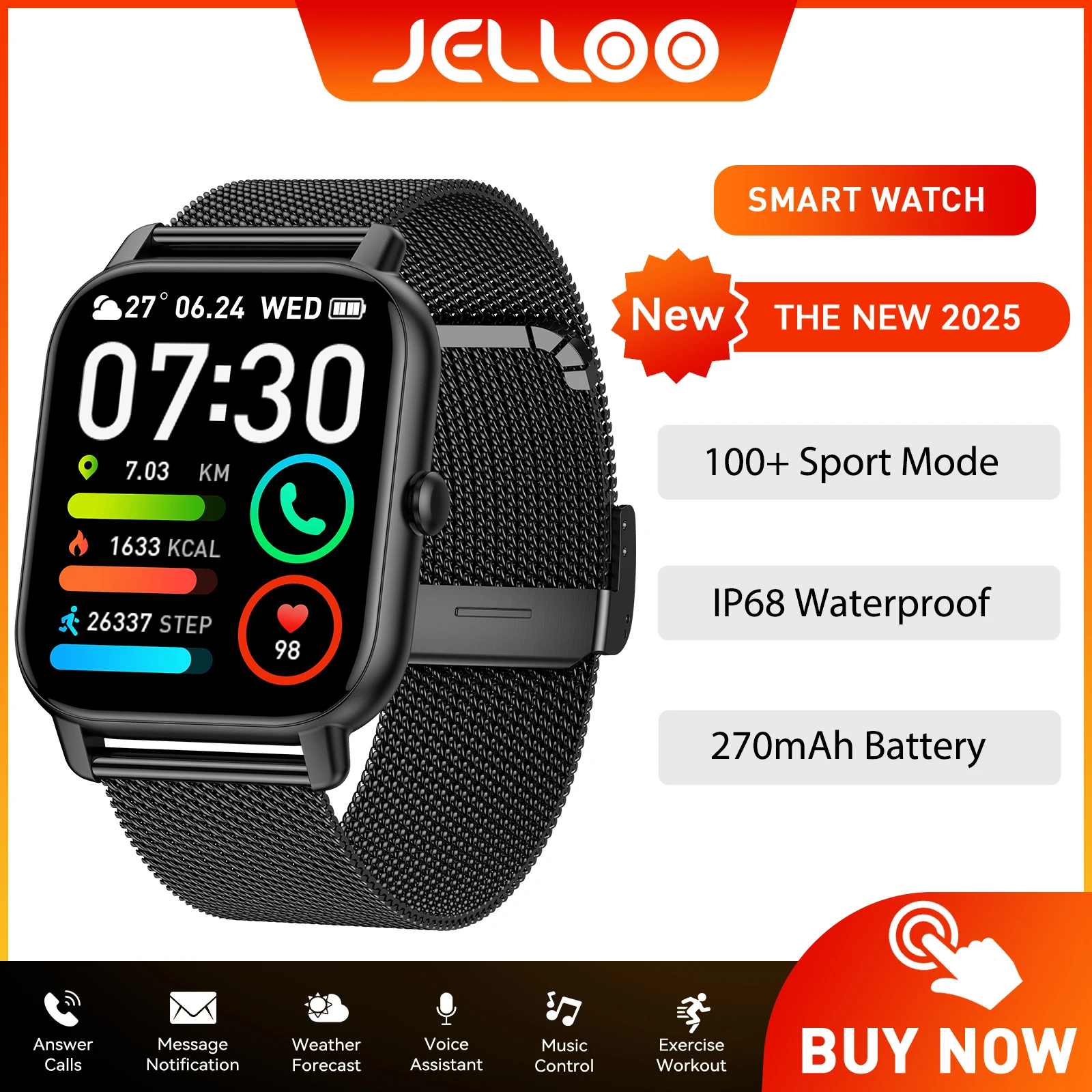 

JELLOO Smart Watch 1.85" HD Big Screen 100+ Sports Mode Fitness Tracker with Heart Rate Sleep Monitor IP68 Waterproof Smartwatch
