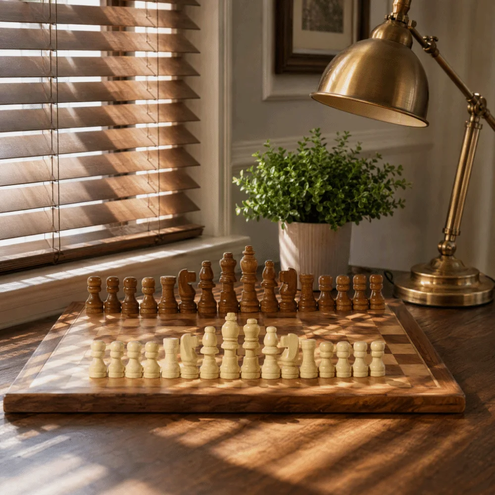 Wooden Material Wooden Chessmen Classic Design Beige And Dark Brown Staunton Chess Set Smooth Finish International Chess