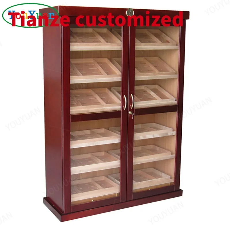 (customized)Customized cigar humidor cabinet furniture display glass showcase smoke shop Mahogany wood cigar cabinet