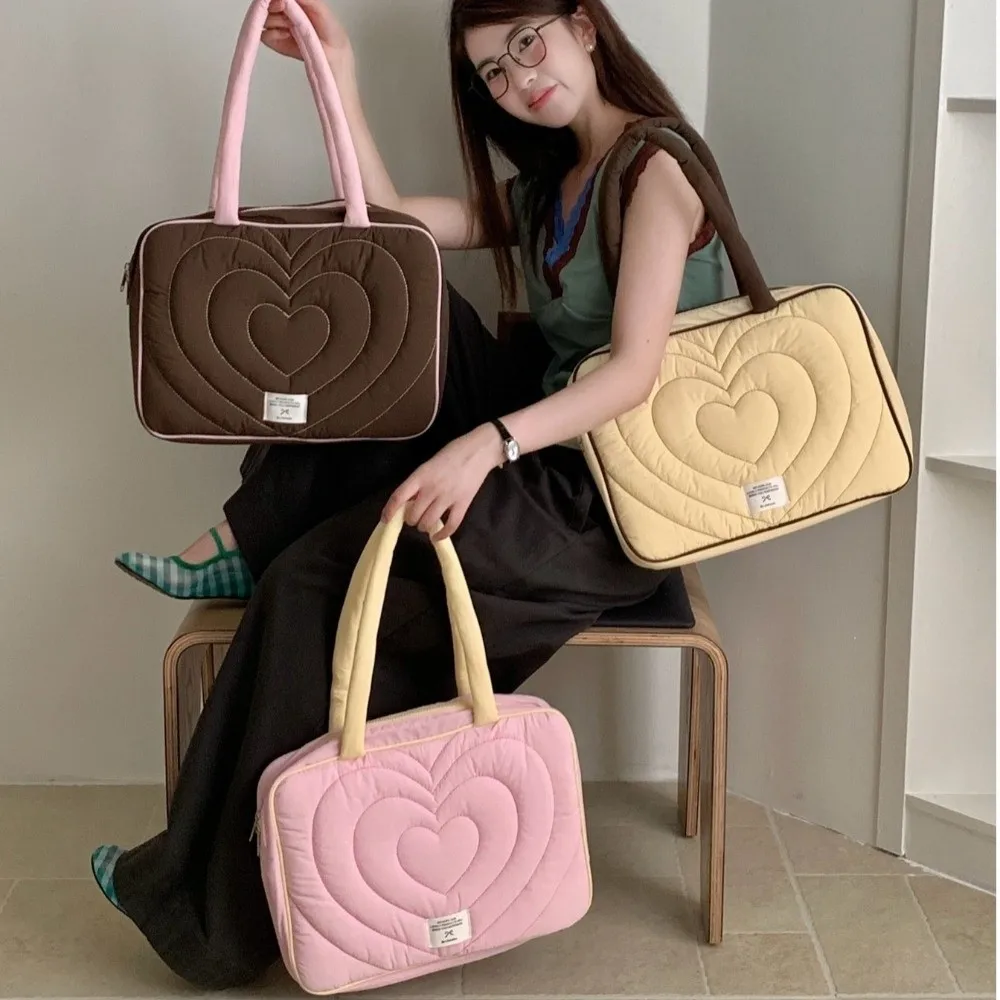 Quilted Laptop Shoulder Bag Heart Embroidery 11 13 14 15 15.6 16 Inch Notebook Pouch Ultralight Padded Protection Laptop Bag