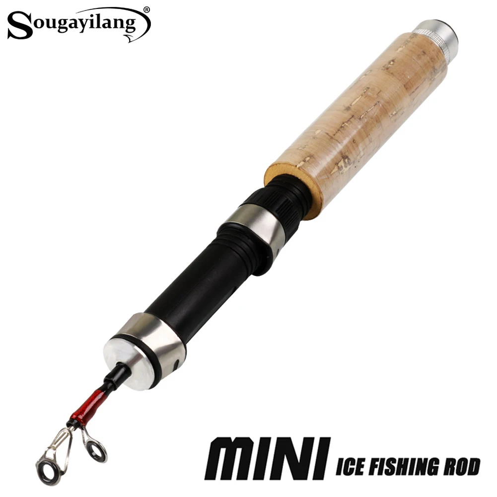 Sougayilang صنارة صيد الجليد الصغيرة تلسكوبية لصيد الأسماك على الجليد مع قبضة خشبية - المعدات الأساسية لصيد الأسماك على الجليد في الشتاء