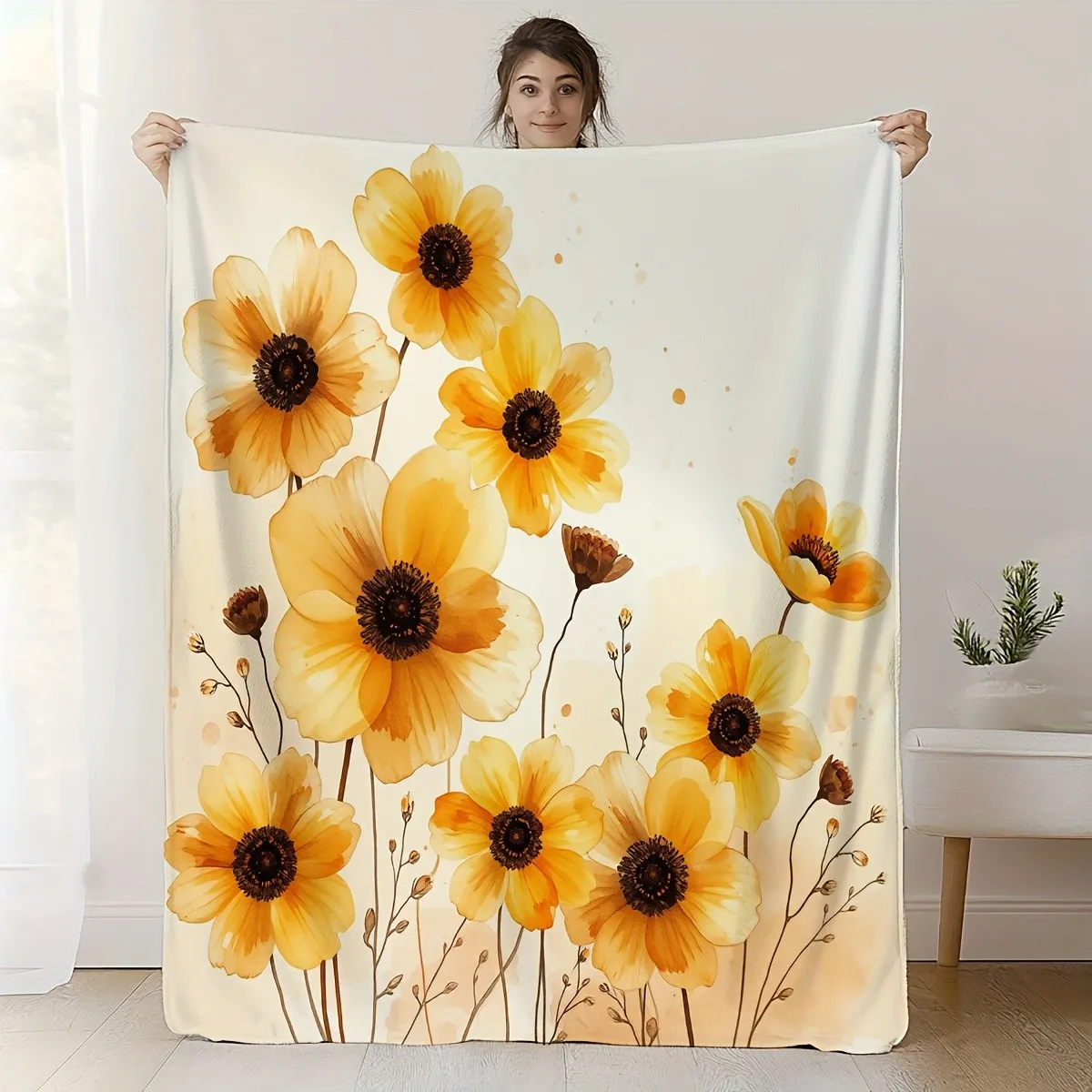1 manta con estampado floral amarillo mostaza y marrón, tela de poliéster, lavable a máquina, adecuada para dormitorio y sala de estar.