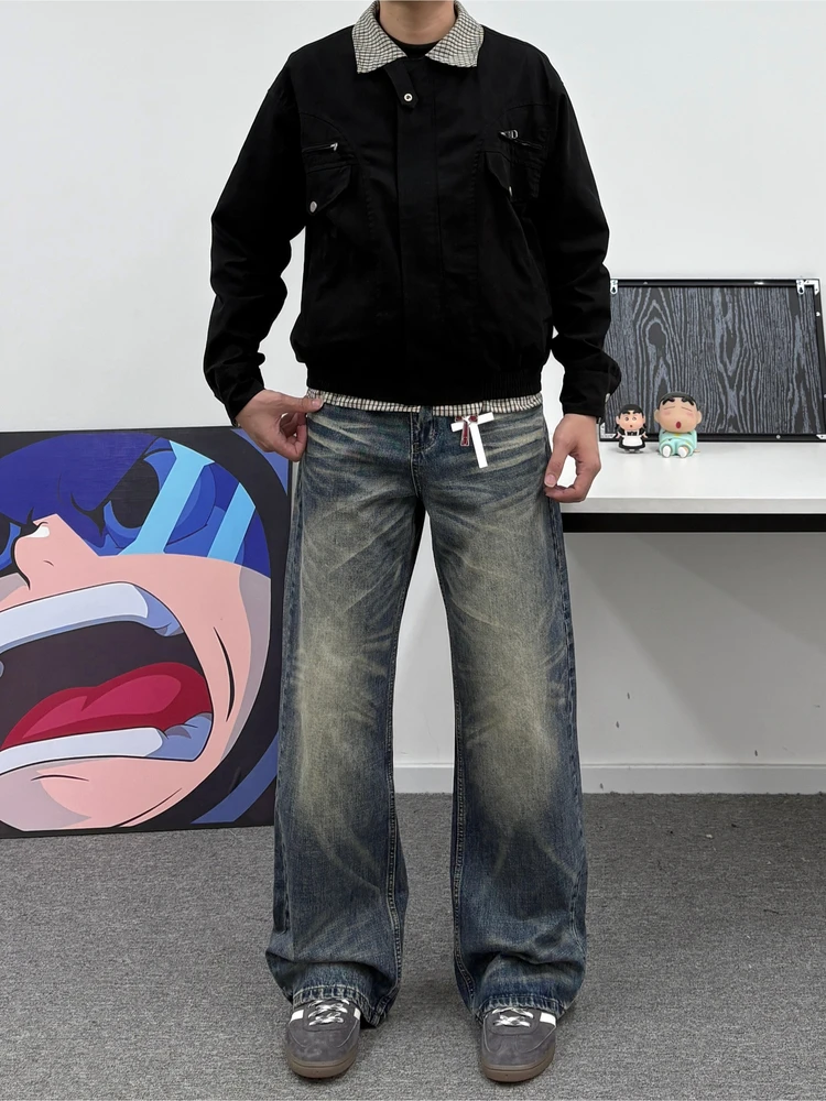 

Мужские джинсы American Vibe в стиле ретро, синие, свободного прямого кроя, повседневные, универсальные, длинные брюки Feng ui Wa, классический прямой крой