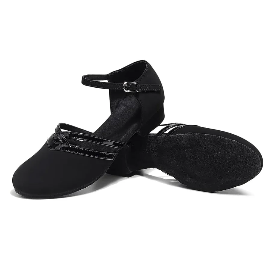 Black Closed Toe Latin Dance Shoes Ladies Low Heel Soft Sole Ankle Strap Ballroom Salsa Practice Dance Shoes