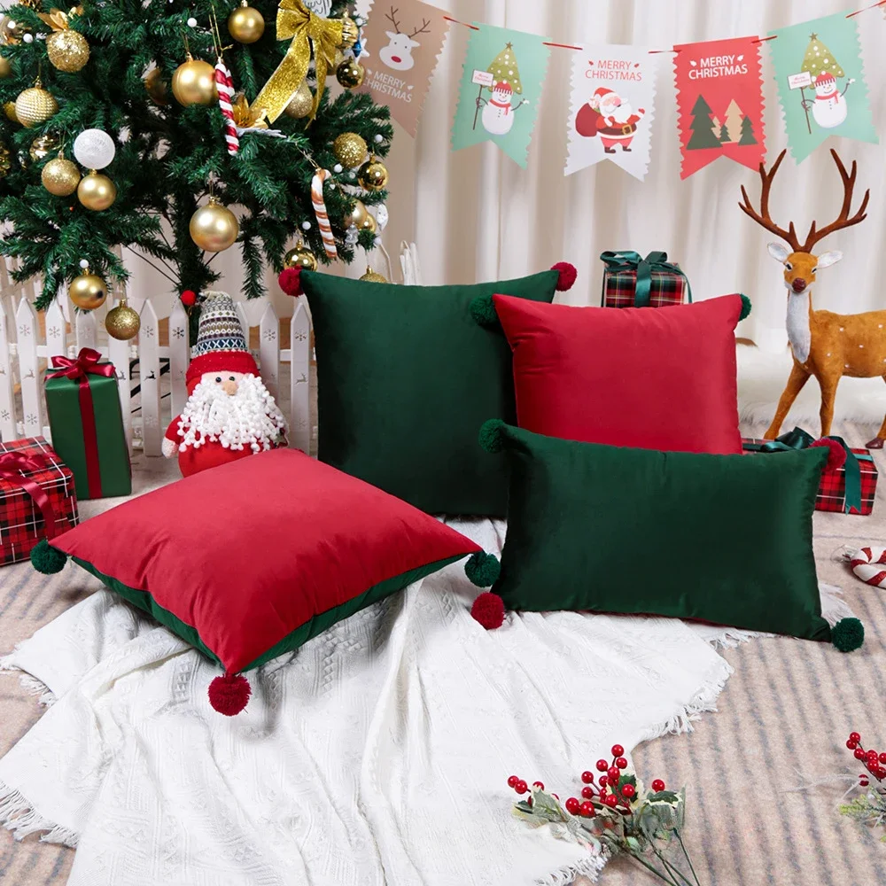 Red and Green Velvet Christmas Cushion Cover Hairball Tassel Splicing Pillowcase New Year's Celebration Decorative Pillow Covers