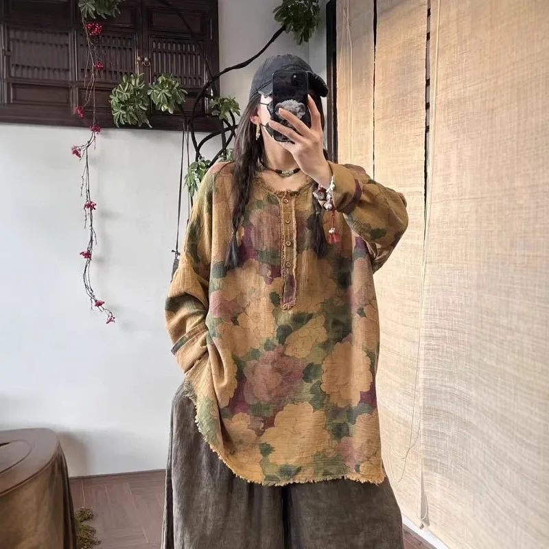 

Springartsyretroloose double yarn printing half-button raw edge pullovershirteasiest for matchcasualtops3101