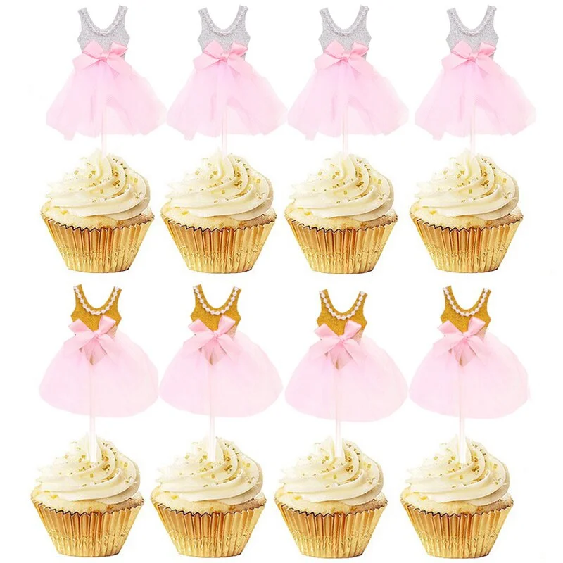 

5pcs Glitter Princess Girls Dress Cupcake Topper for Wedding Baby Girl 1st Birthday Baby Shower Party DIY Cake Decorations