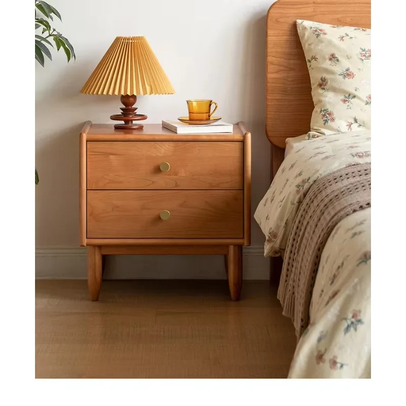 Modern Japanese Minimalist Style Luxury Solid Oak Wood Nightstand Storage Side Table Custom Cherry Wood 2 Drawers