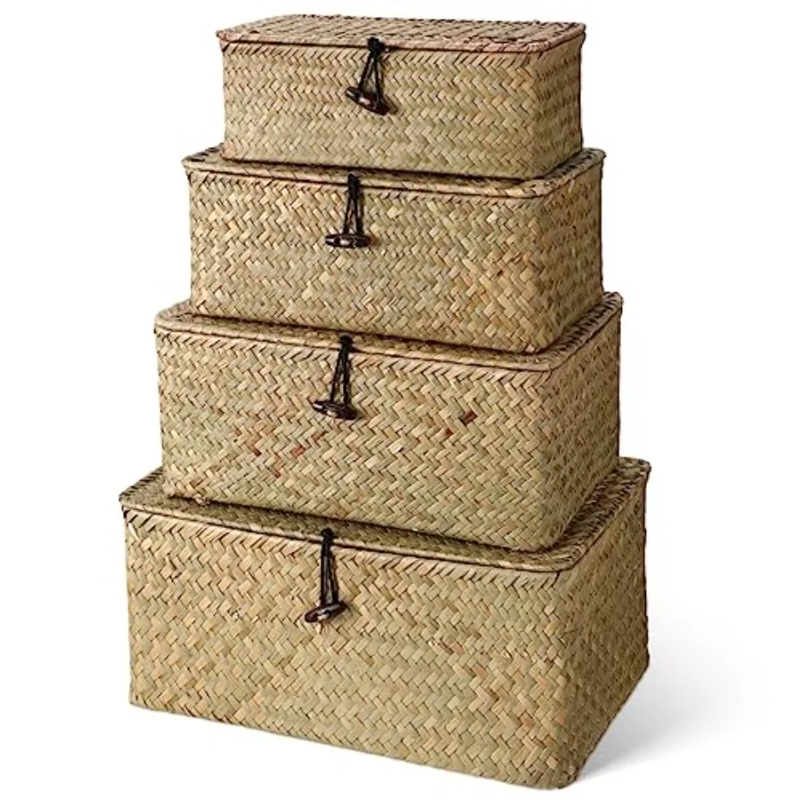 

Set of 4 Wicker Baskets with Lids, Nautral Seagrass Storage Baskets, Woven Rectangular Basket Bins, Rattan Storage Organizer fo