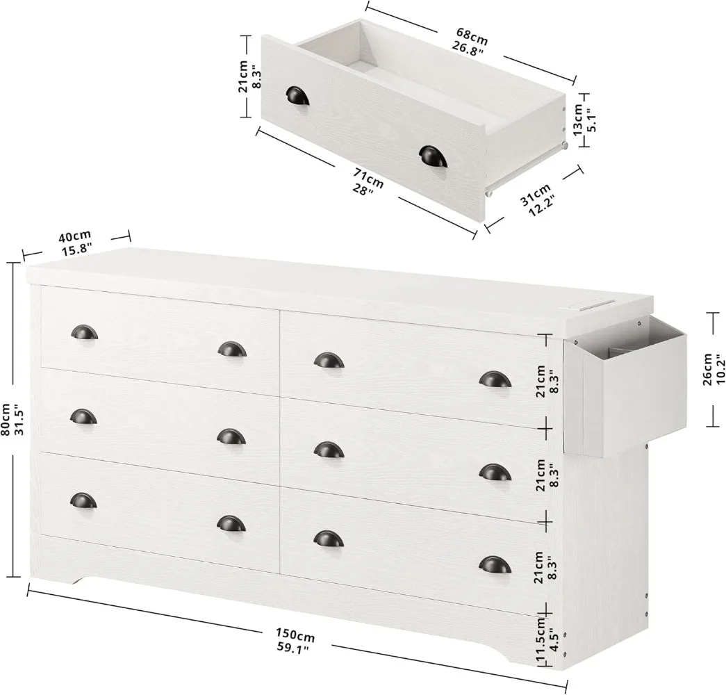 LIKIMIO Dresser for Bedroom 6 Drawer with Charging Station, TV Stand Storage Chest of Drawers for Living Room Hallway ,White