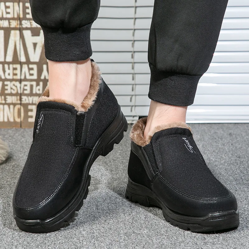 Men Sneakers Pu Leather Comfortable Plush Fur Ankle Plush Warm Shoes for Men Boots Slip On Casual Footwear Solid Color Zapatos