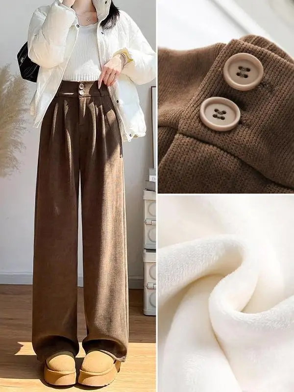 Calças de perna larga de veludo feminino casual fce forrado outono inverno novo sle café cor calças para senhoras plus size