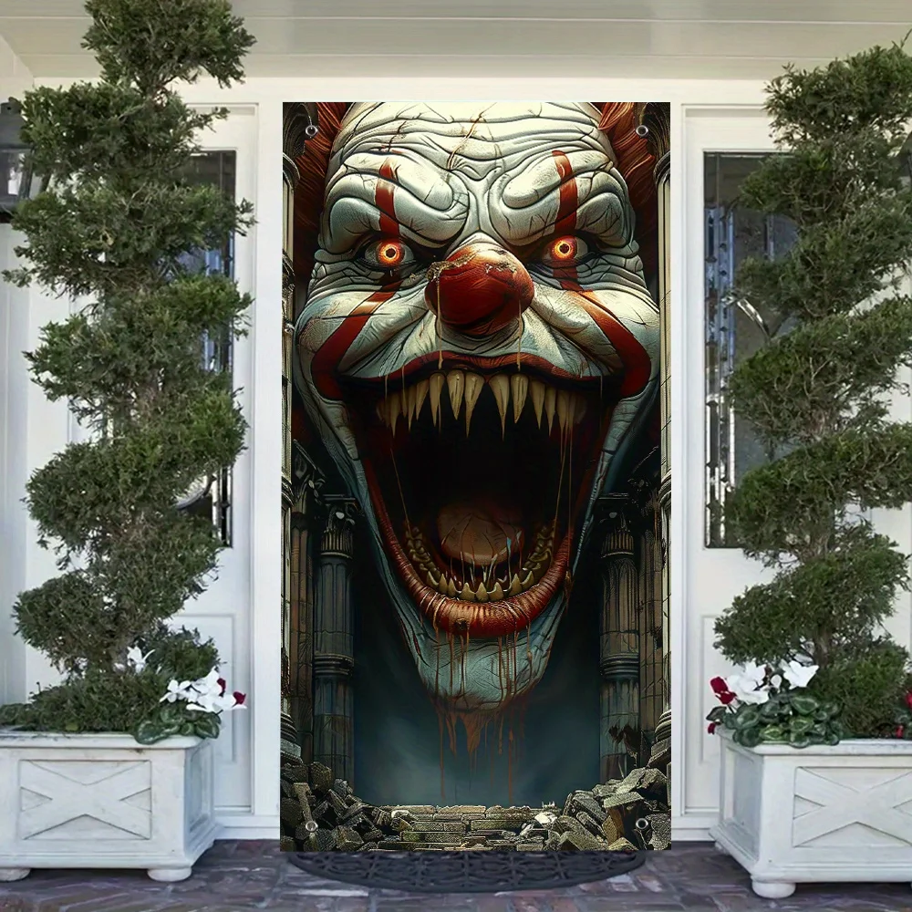 Geisterliche Clown-Monster-Türflagge – Halloween-Dekoration, Spukhaus-Eingang und Party-Hintergrund für drinnen und draußen