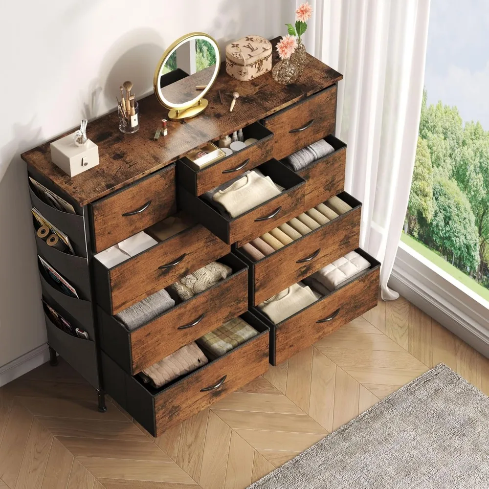 خزانة تخزين قماش ذات 10 أدراج مع جيوب جانبية وإطار معدني لتنظيم غرف النوم