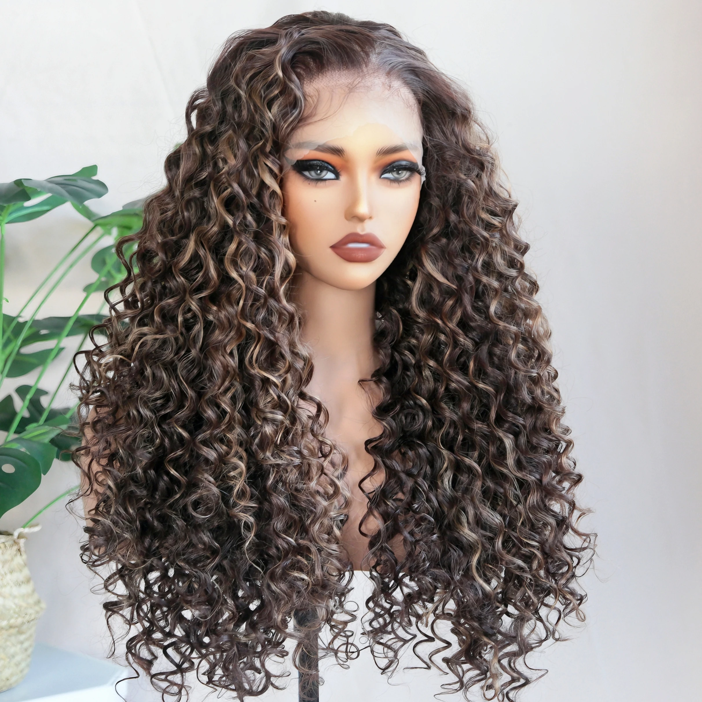 Kinky Curly Synthetic Wig 13x6 Lace Frontal Wig Highlight Brown 26