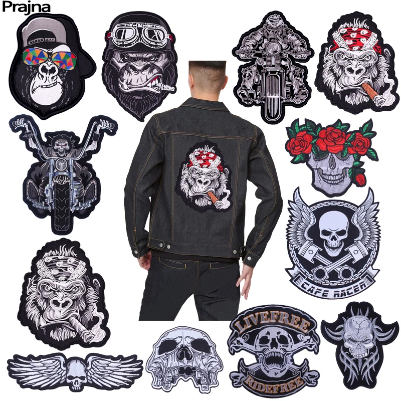 Punk Skull Large Embroiderdy Patch For Clothing Motorcycle Biker Patch Back Embroidered Patches On Clothes Jacket Sew Sticker