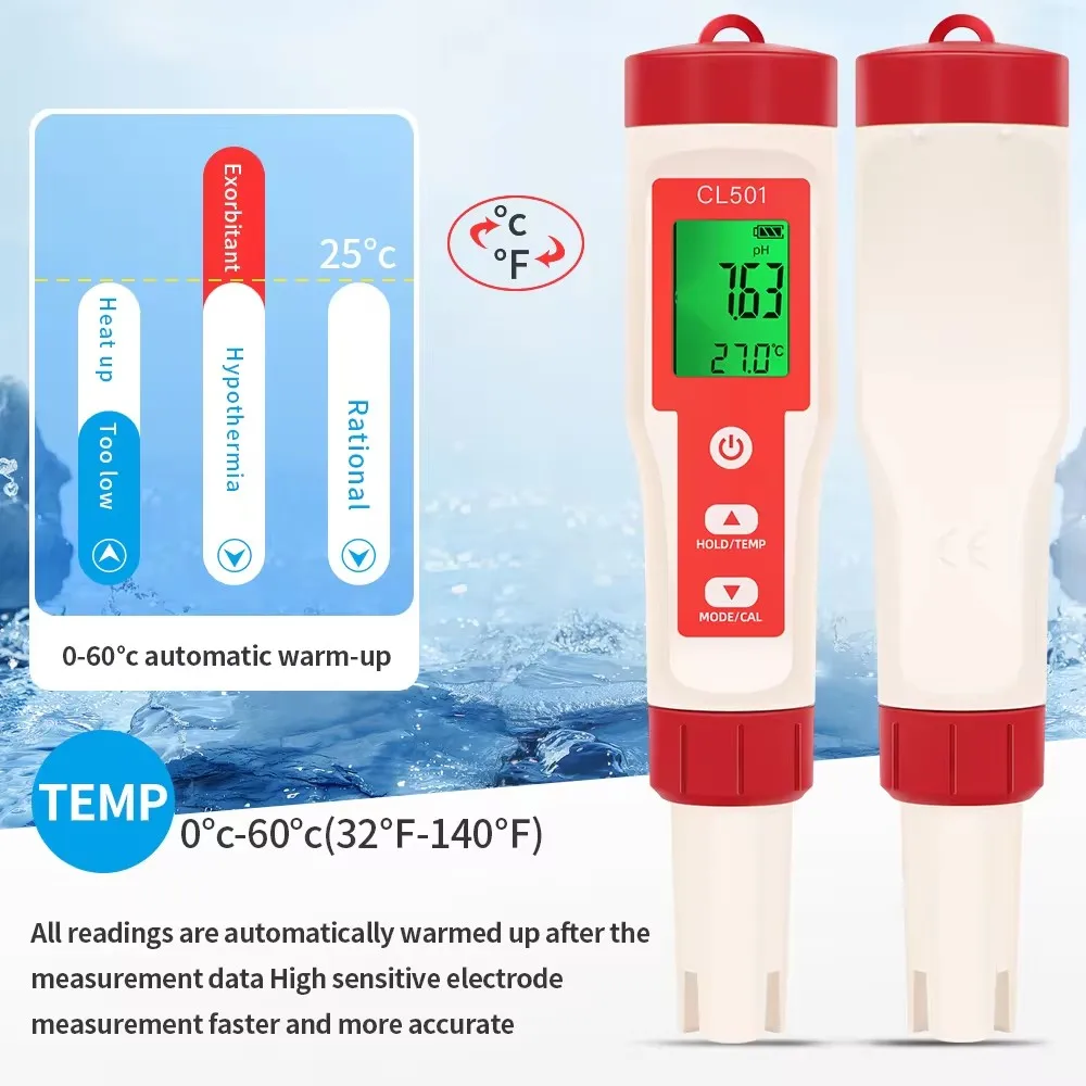 5 in 1 Chlorine Meter PH/CL2/H2/ORP/Temperature Meter Water Quality Tester for Pools Drinking Water Aquarium Aquaculture