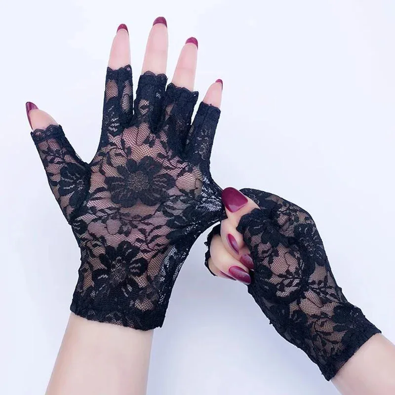 Women Short Lace Half Finger Gloves, Sun Protection Fingerless Gloves for Wedding