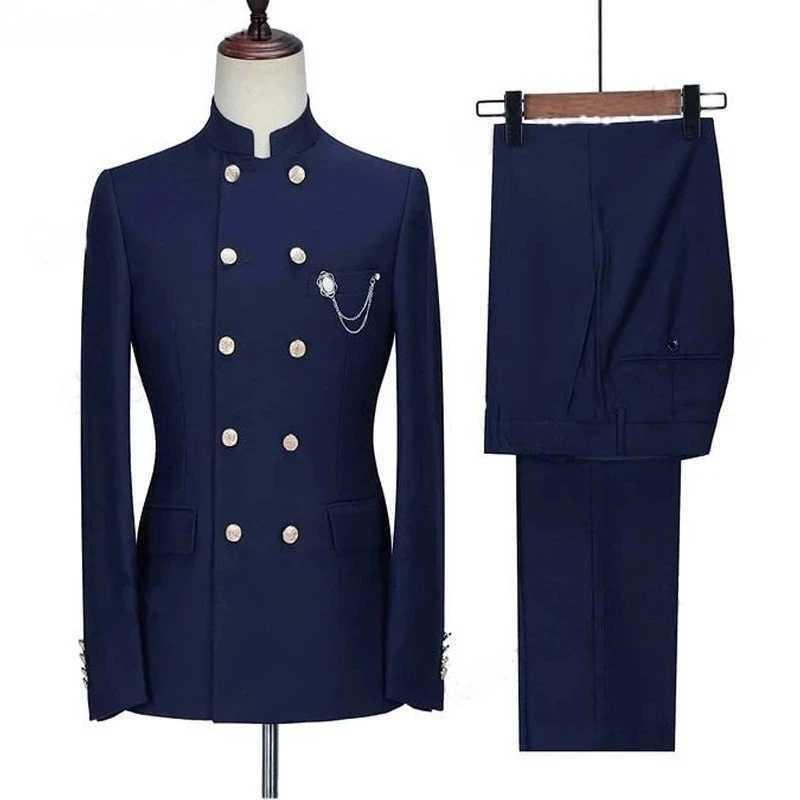 Latest Design Stand Collar High quality Men Suits Groom Wedding Tuxedos Slim Fit Prom Double breasted Blazer Terno Mas