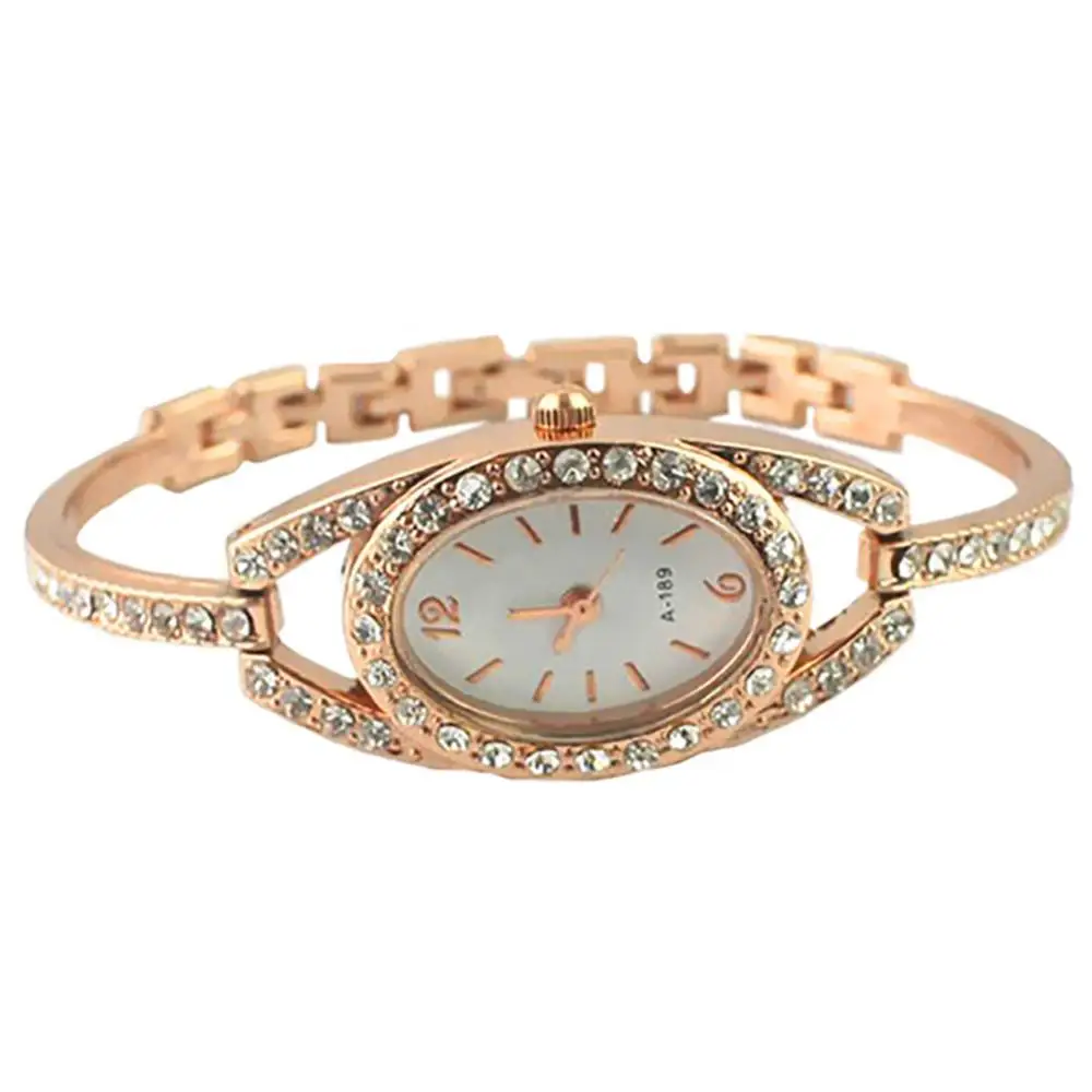 Quartz Wristwatch Women\'s Fashion Minimalism Shiny Rhinestone Golden Tone Stainless Steel Wrist Watch