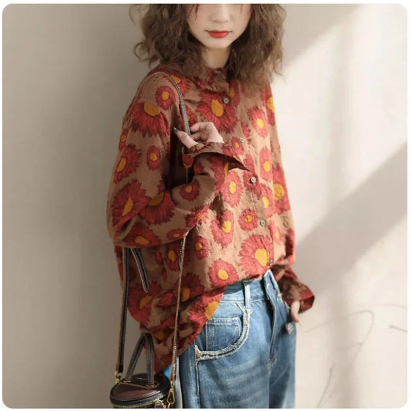 Elegant Women Blouse 2024 Spring Autumn Vintage Temperament Top Long Sleeve Floral Print Lapel Office Slim Thin Fit Female Shirt