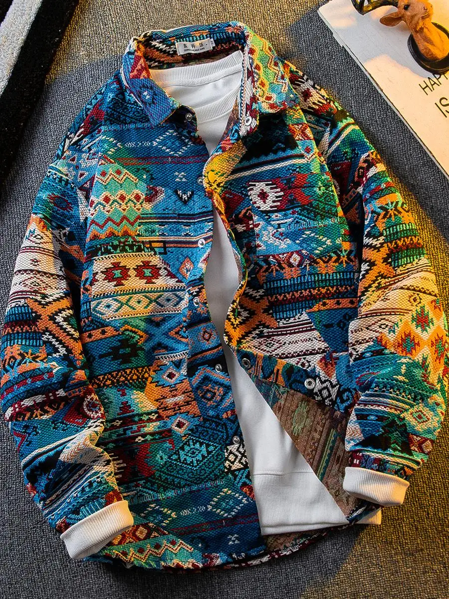Vintage Ethnic Navajo Print Shirt Jacket Men's Retro Spring Autumn Boho Tribal Pattern Long Sleeve Oversized Casual Outerwear