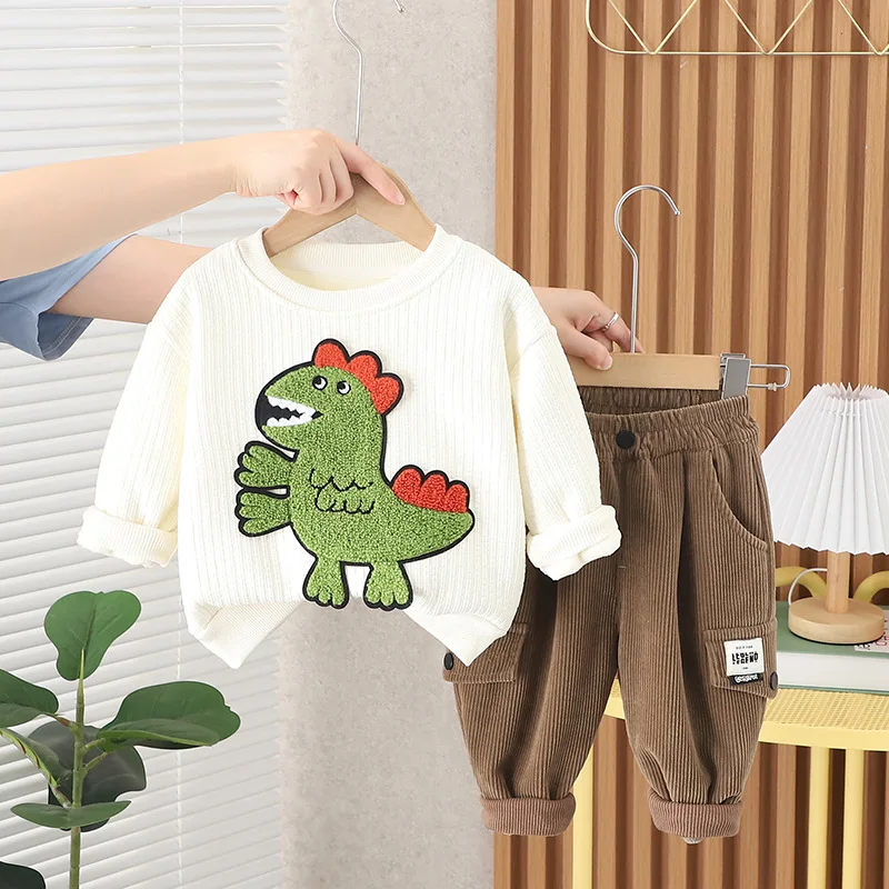 Baby Winter Clothes Luxury Kids Sets Childrens Cartoon Dinosaur O-neck Integrated Velvet Sweater and Pants Boys Christmas Outfit