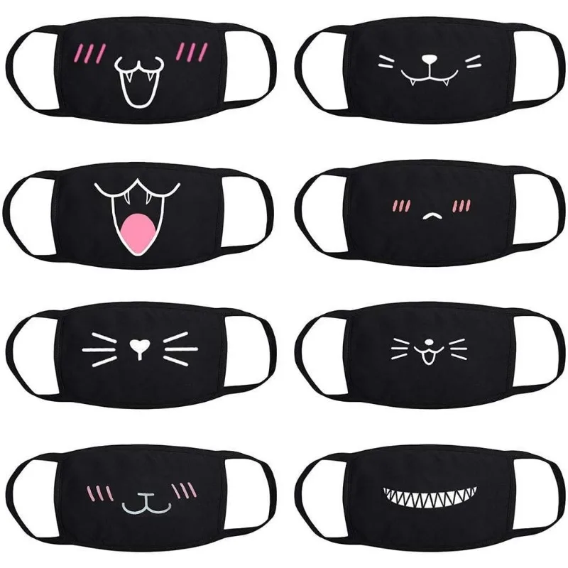 8 قطع قناع للجنسين شتاء دافئ سماكة نصف الوجه قناع الفم القطن الكرتون نمط مكافحة الغبار مكافحة التنفس قناع أسود