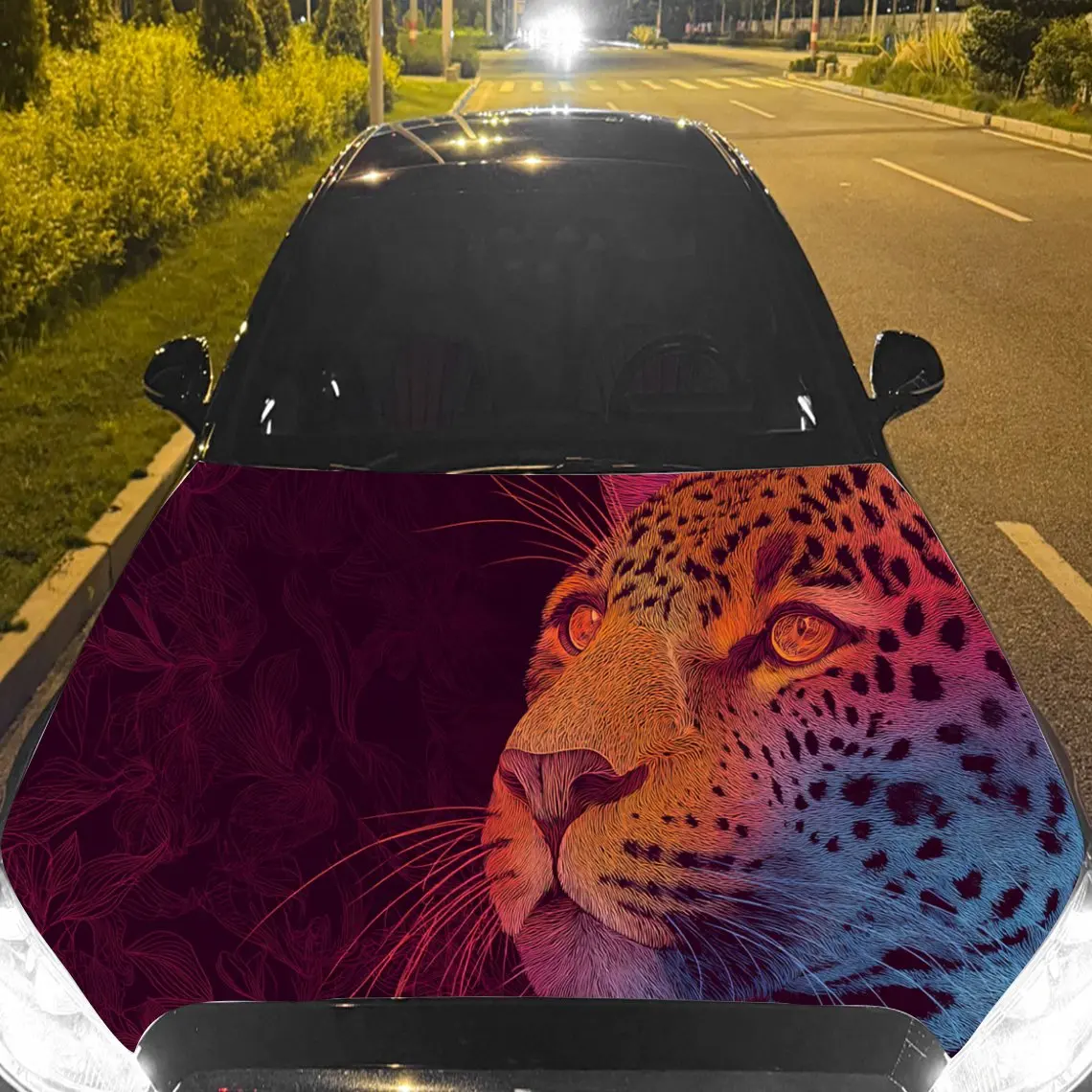 

Car Decal Leopard with Neon Multicolor Artistic Background & Ferocious-Vibrant Aesthetic Car Hood Sticker, Waterproof Self - Adh