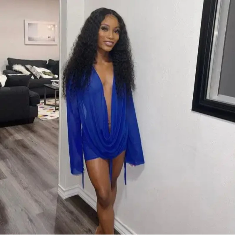 عميق الخامس خط العنق المنخفض مثير شبكة انظر من خلال عارية الذراعين كم طويل الرباط الصيف الصلبة Bodycon عناق الورك تنورة المرأة قطعتين مجموعة