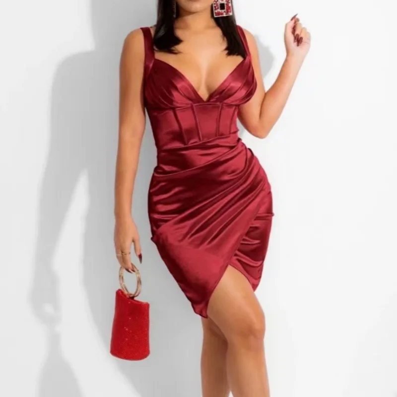 

Spring/Summer 2024 New Sexy Solid Color Sexy High Elastic Satin Wrap Hip Halter Skirt Dress Nightclub Fishbone Dress