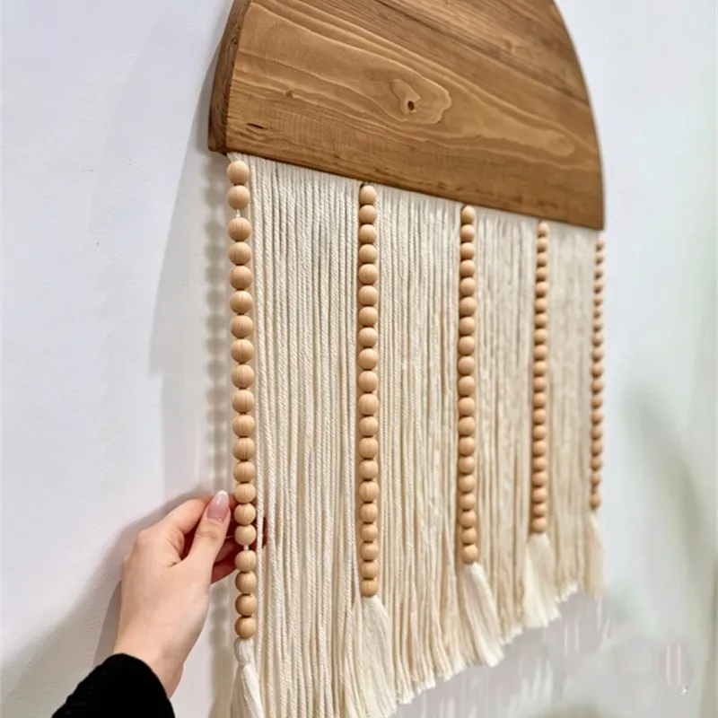 Nordic Style Wooden Bead Tassel Tapestry Handwoven Wall Hanging Decor Bohemian Half Circle Board Bead Fringe Home Decor