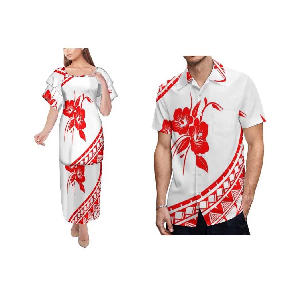 Casal vestido de banquete personalizado samoa clube moda casal conjunto vestido camisa projetada em padrão de impressão polinésia tradicional