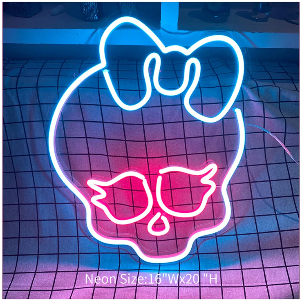 Cute Skull Bowknot Neon Sign for Room Decor, Monster Neon Light, LED Sign for Home,Man Cave, Wall Decor, Small Lights Decoration