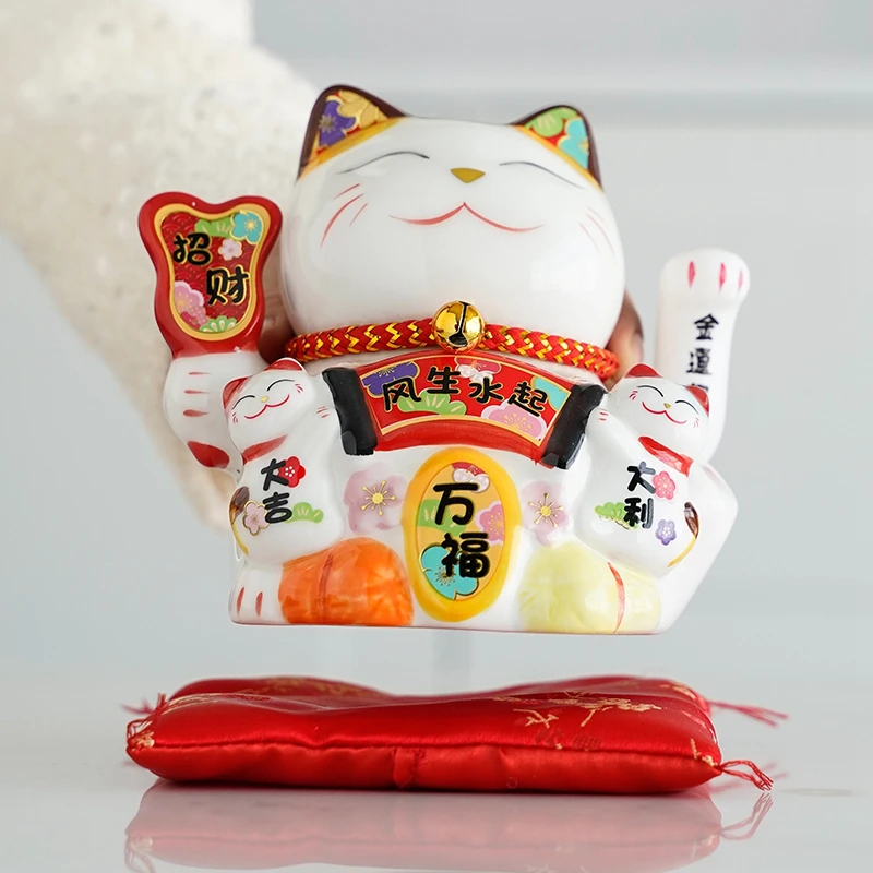 5 Inch Ceramic Beckoning Cat Waving Hand Plutus Cat Battery Powered Maneki Neko Home Decoration Lucky Cat  Best Gift