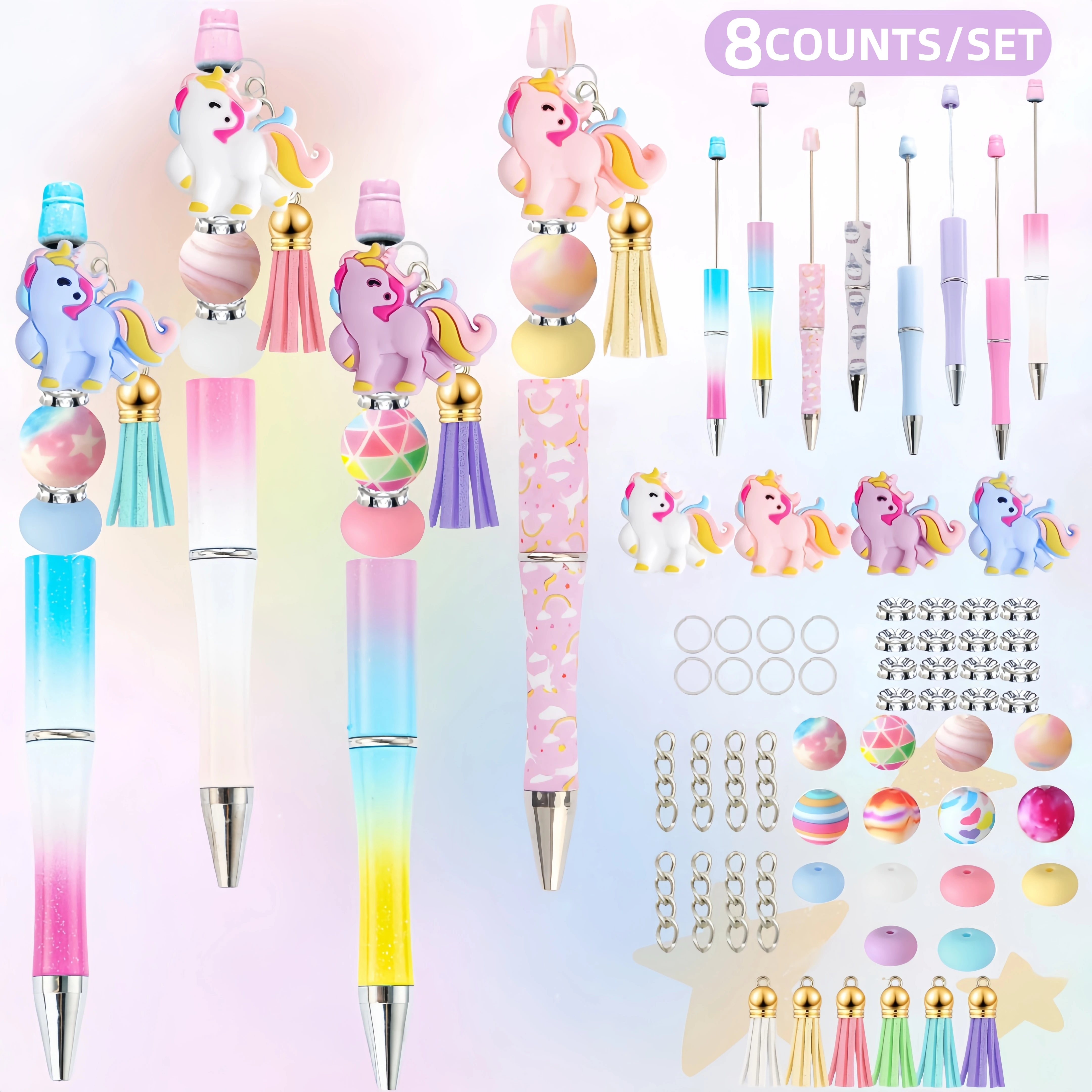 

8pcs/set Cartoon Unicorn Pegasus DIY Beaded Pen, Unicorn Silicone Beads DIY Ballpoint Pen Set Gift Office Stationery