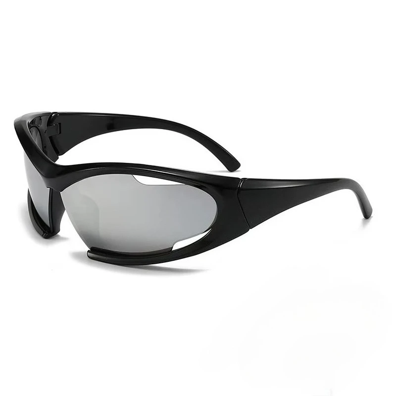 Y2K‑Style Wrap‑Around Sports Sunglasses Futuristic Curved Frame UV‑Protective Silver‑Mirror Lens Cycling Shades for Outdoor Street‑wear