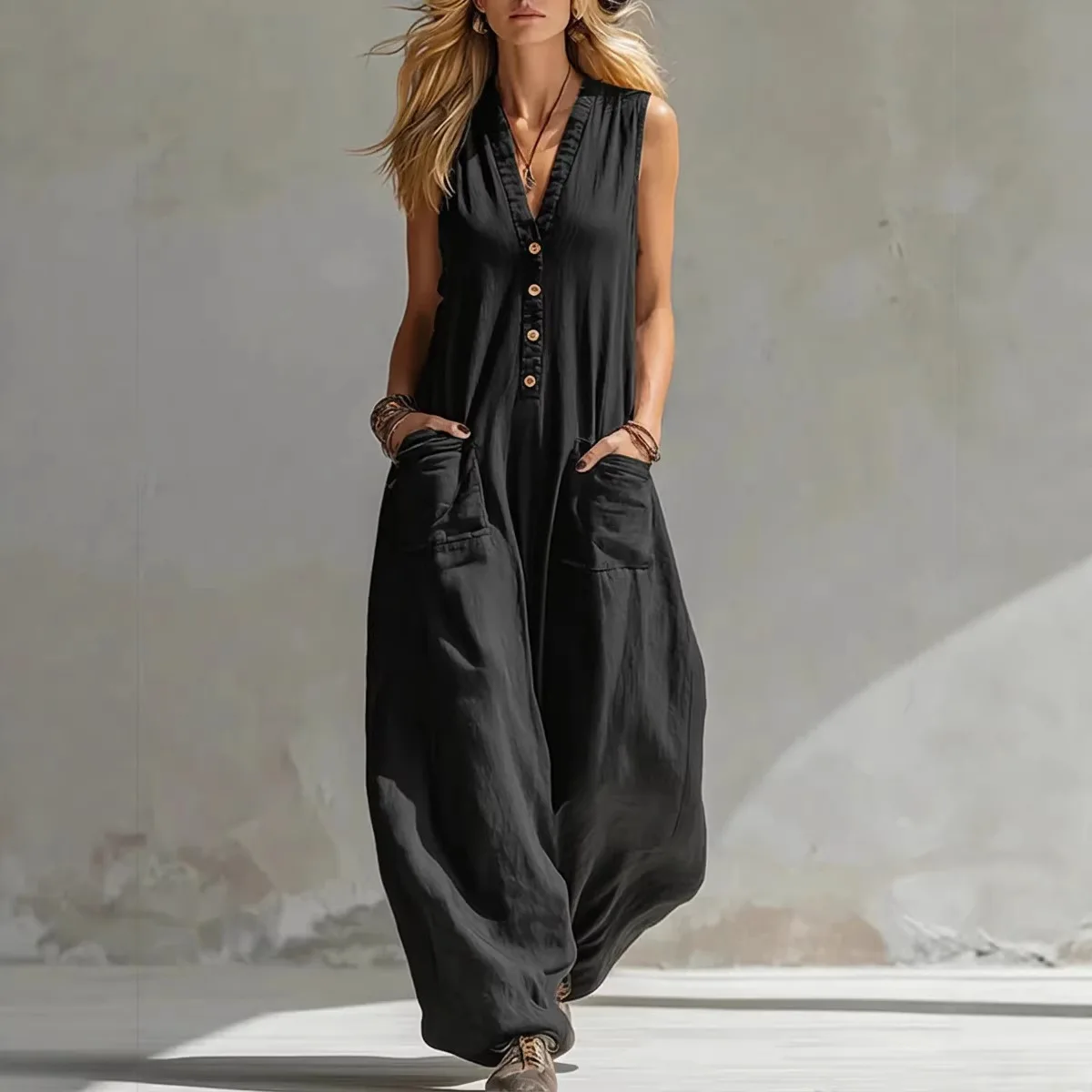 2026 New Spring Summer Women's Casual Linen Cotton Blend Sleeveless Jumpsuit Loose Breathable Daily Wear Fashion Streetwear All