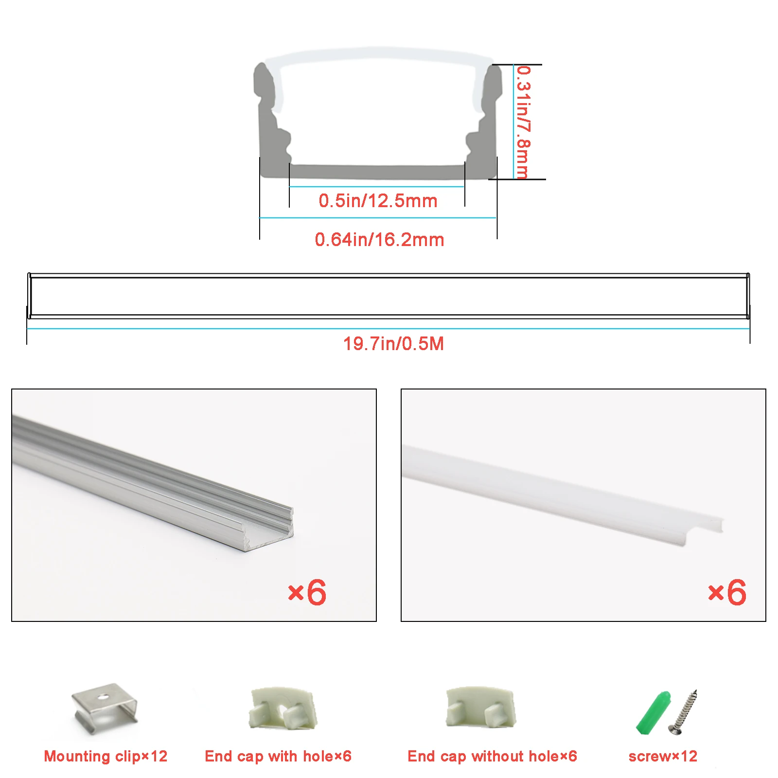 5 Pack LED Aluminum Channel System 19.69 Inch/50cm U Shape LED Strip with Milky White Cover, End Caps & Mounting Clips