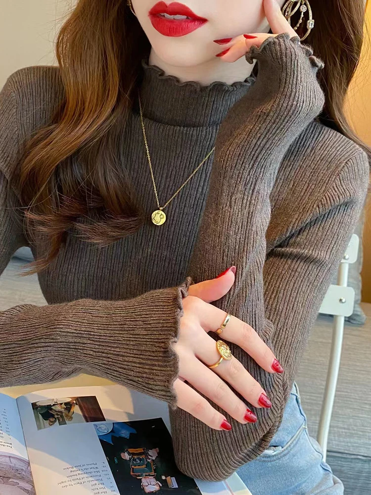 Autumn Winter Sweater Women Knitted Ribbed Pullover 2024 Sweater Long Sleeve Ruffles Turtleneck Slim Jumper Soft Warm Pull Femme