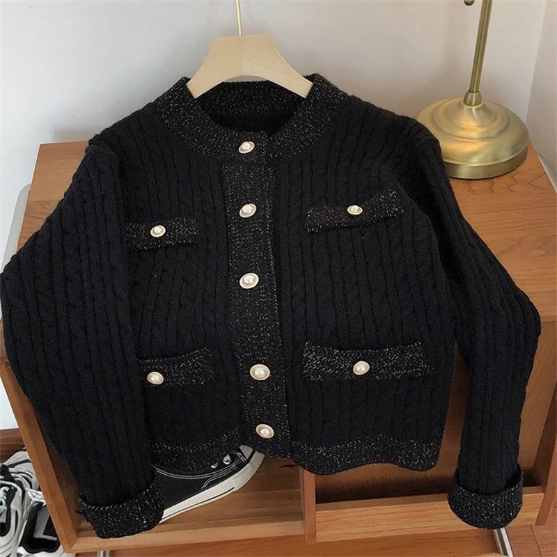 Elegant Button V-neck Women Cardigans With Pocket Harajuku Knitted Coat Korean Fashion Knitwear Tops Female O-neck Outwear Tops