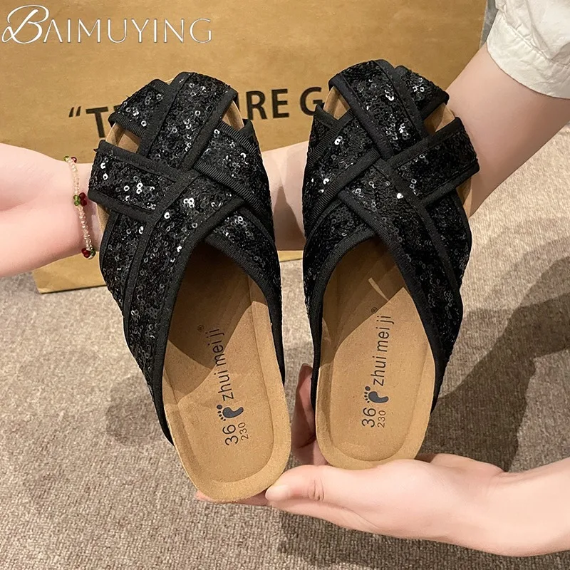 

Bling Weave Mules Shoes Woman Casual Platform Slippers Women Flat Sandals Summer 2025 Trend Shallow Dress Comfort Slides Mujer
