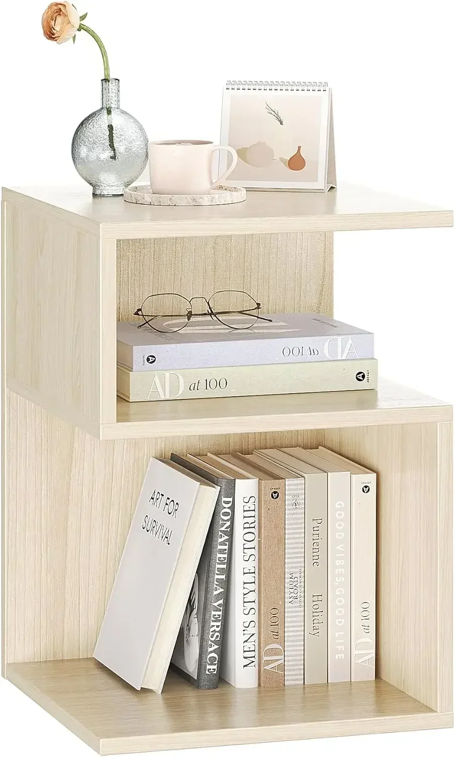 3 Tier End Table - Minimalist 3-Tier Wood Nightstand for Small Spaces with Open Storage - Japanese-Inspired Bedside Table