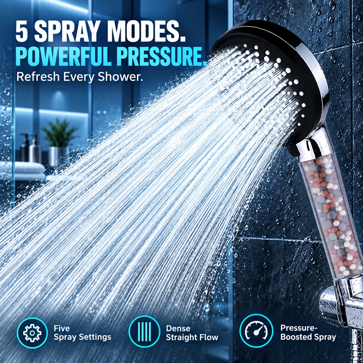 5-speed Shower Head Water Adjustment Filter High Pressure Negative Ion Hard Water Softening Shower Head Set