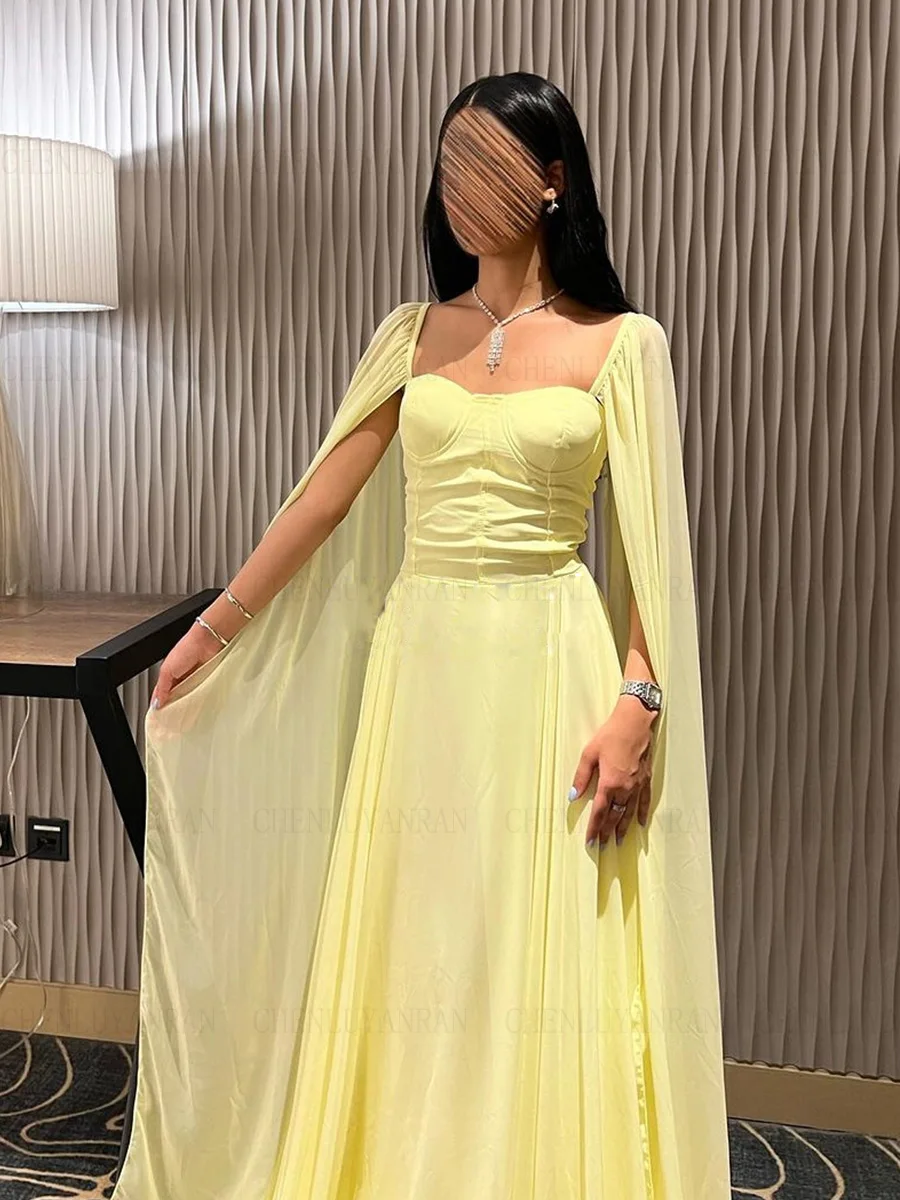 Yellow Chiffon Formal Occasion Dresses 2023 Long Sleeves A-line Ball Gowns Sweetheart Simple Evening Party Gowns فساتين الحفلات