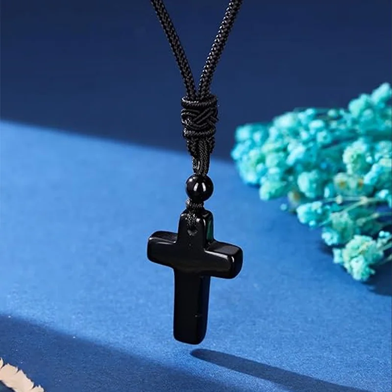CSJA Natural Stone Cross Pendant Necklace for Man Men Healing Tiger Eye Black Obsidian Crystal Necklaces Women Jewelry Gift H254