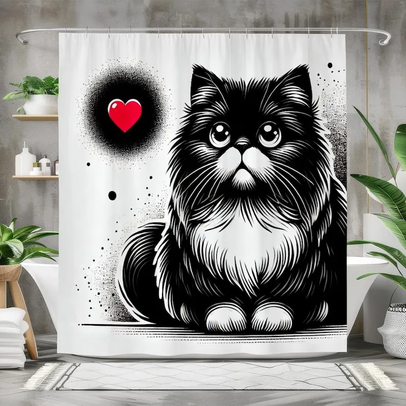 

White Cat Shower Curtain, Waterproof Fabric Bath Curtain, Adorable Kitten with Heart Design, Artistic Animal Bathroom Decor
