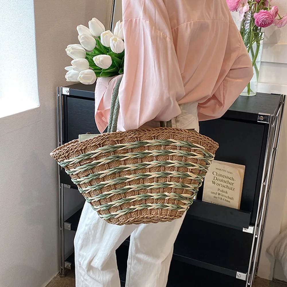 Women Straw Woven Tote Bag Fashion Woven Handbag Zipper Closure Handwoven Shoulder Bag Handmade Straw Bag Top-handle Handbag