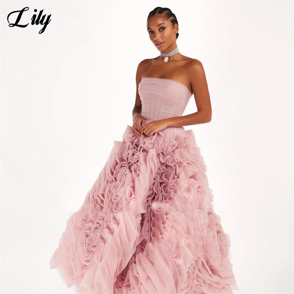 Lily Pink Strapless Evening Gown 3D Flower Ankle Length Net Elegant Prom Dress Lace Up Back Wedding Evening Dress robe de soirée