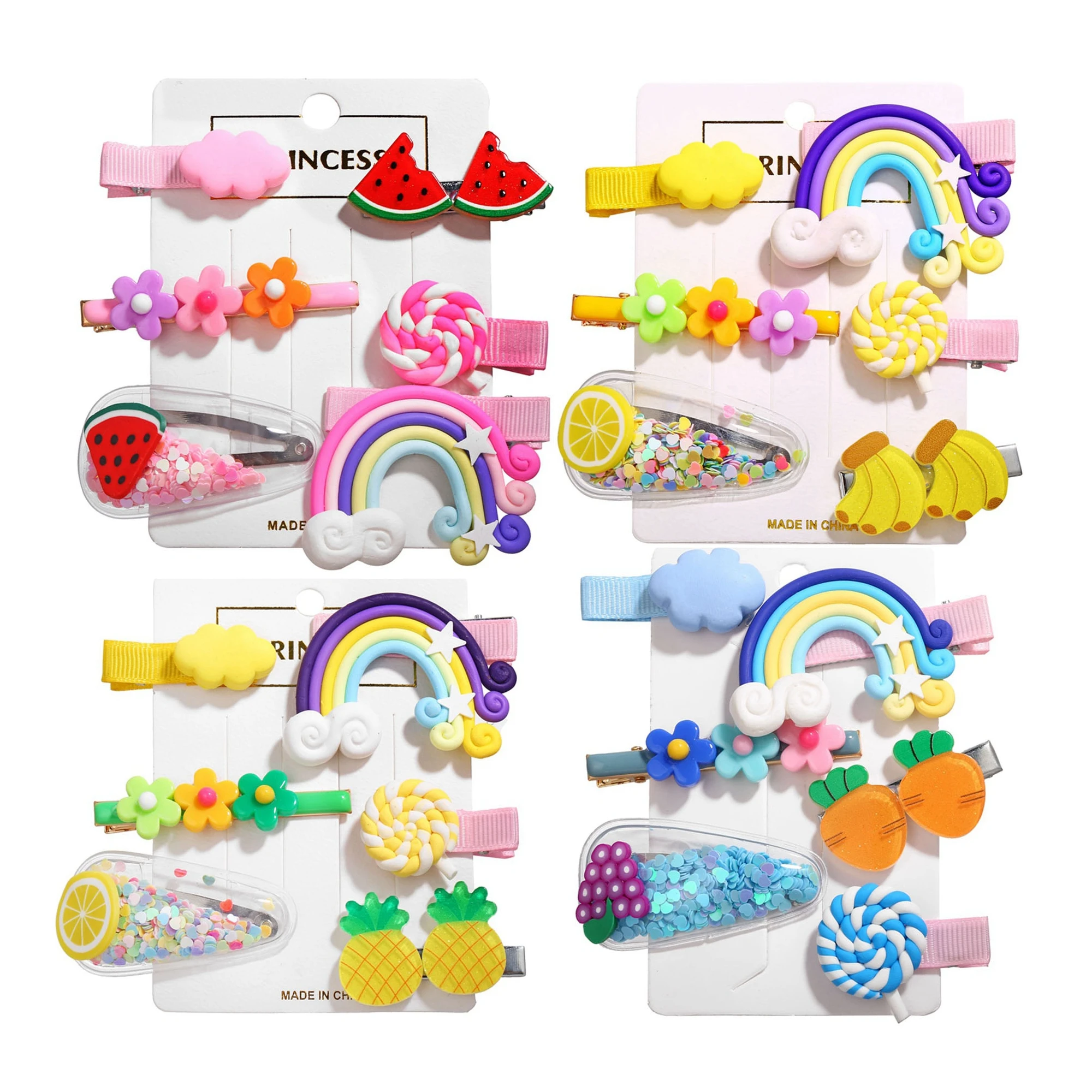 

6 pcs/card Hairpin Set For Girls Children Trendy Rainbow Barrettes Fruit Flower Lollipops Hair BB Clips for Toddler Headdress